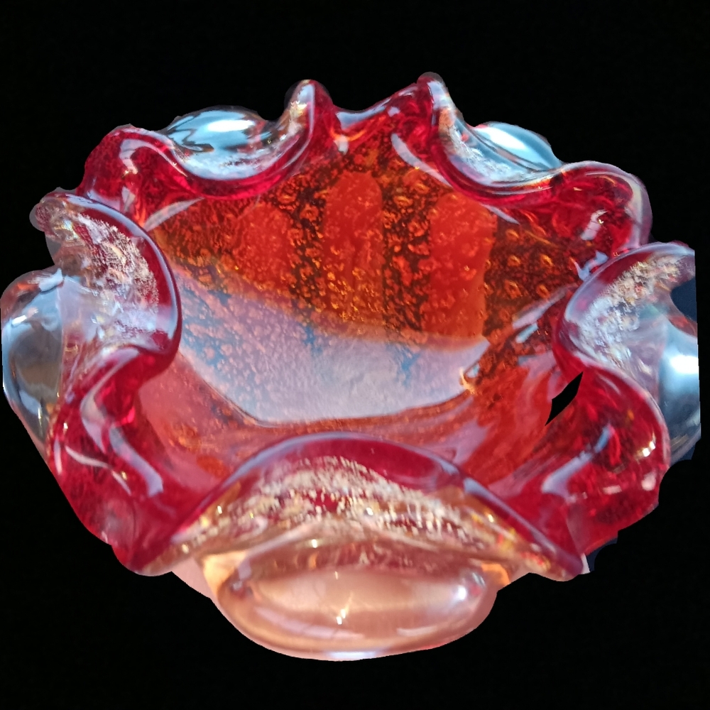 Murano Vintage Art Glass Dish by Barovier & Toso.  Bullicante with Sterling Leaf